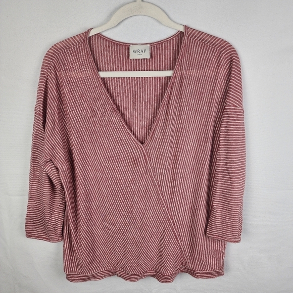 Wrap London Linen Faux Wrap Striped V-Neck Top - Red and White Size 12 - Picture 1 of 7